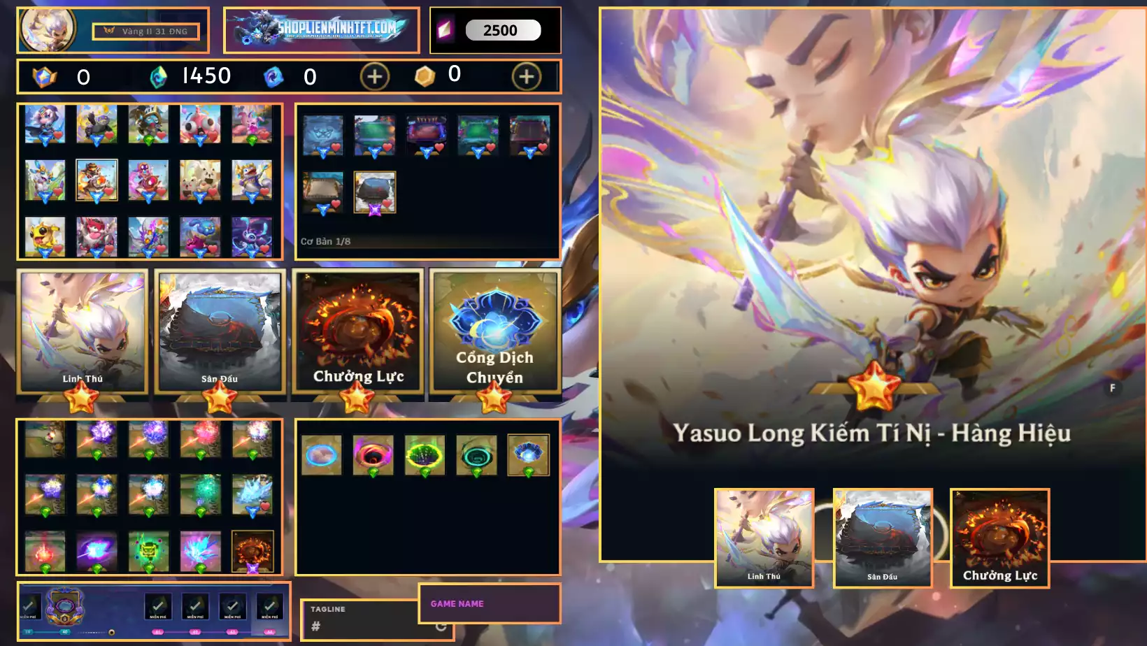 Yasuo Long Kiếm Tí Nị Hàng Hiệu  - Dư 0 Huy Chương - 1 Vàng - 2 Tím - 1 Sàn Tím  - Dư 1450 Pha Lê - 1 Tí Nị Thường - 6 Sàn Đỏ  - Chưởng Lực Như Ảnh - Rank TFT Vàng - Còn Đổi Tên